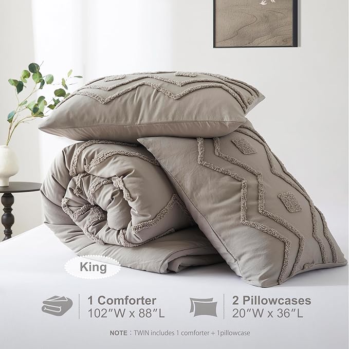 Oli Anderson Boho Tufted Comforter Set King Size, 3 Pcs Soft Jacquard Bedding Set for All Seasons, Shabby Chic Farmhouse Bedding Set with Comforters for All Seasons (Grey, King)