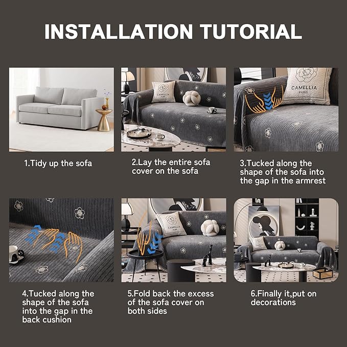 ROOMLIFE Gray Couch Cover Boho Sofa Covers for 3 Cushion Couch Washable, Furniture Protector Sofa Couch Cover for Dogs, Soft Chenille Sofa Slipcover, Couch Throw Blankets with Tassels 71 '' X 118''