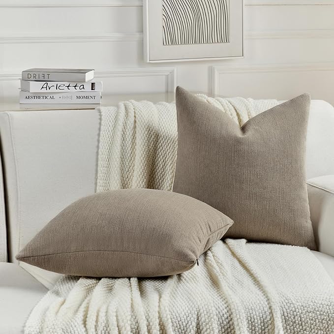 FUTEI Coffee Chenille Decorative Throw Pillow Covers 24x24 Inch Set of 2,Soft Cozy Faux Linen Textured European Pillow Shams,Farmhouse Home Decor for Couch Living Room