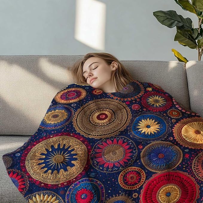 Colorful Bohemian Printed Blanket for Women Men, Mandala Circular Patterns Soft Lightweight All Season Throw for Home Decor, Couch, Bed, Camping, Travel, 50x60 Inches