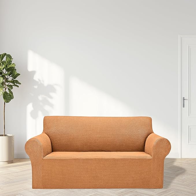 Cupuamon 2025 New Stretch Loveseat Sofa Slipcovers Couch Cover for 2 Cushion Furniture Protector Sofa Covers with Elastic Bottom Jacquard Fabric Small Checks for Pets, Kids - Golden