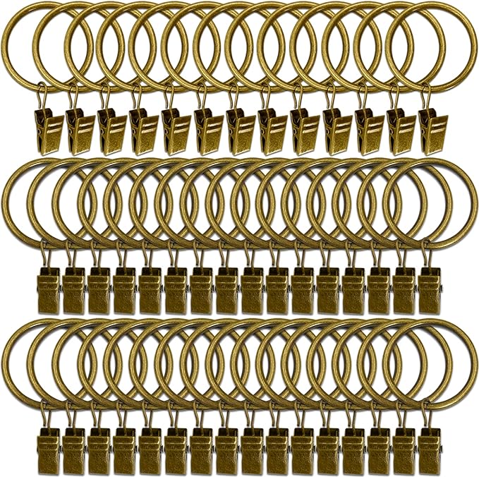 60 Pack Metal Curtain Rings with Clips, Curtain Clip Rings Hooks for Hanging Drapery Drapes Bows, Curtain Rod Rings 1.5 inch Interior Diameter, Bronze