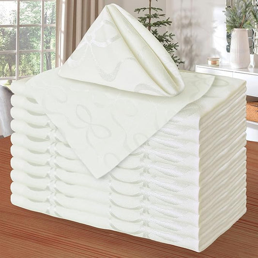 Off White Cloth Napkins Set of 12, 18"x18" - Cotton & Polyester, Wrinkle/Fade Resistant, Washable & Reusable - Wedding Napkins for Reception, Jacquard Napkin for Engagement Party, Bows Design
