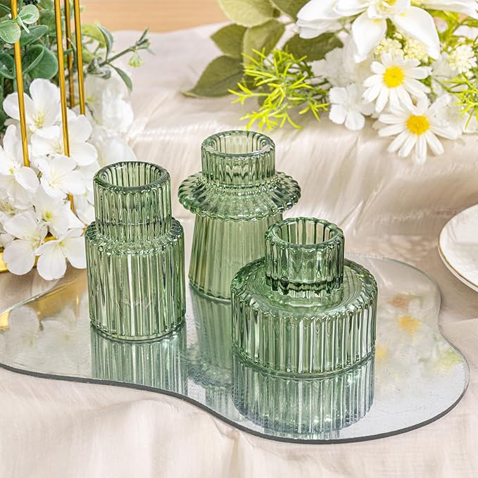WELLIFE Taper Candle Holders-Candlestick Holders, Green - Set of 3 for Wedding, Party & Table Centerpiece Decor