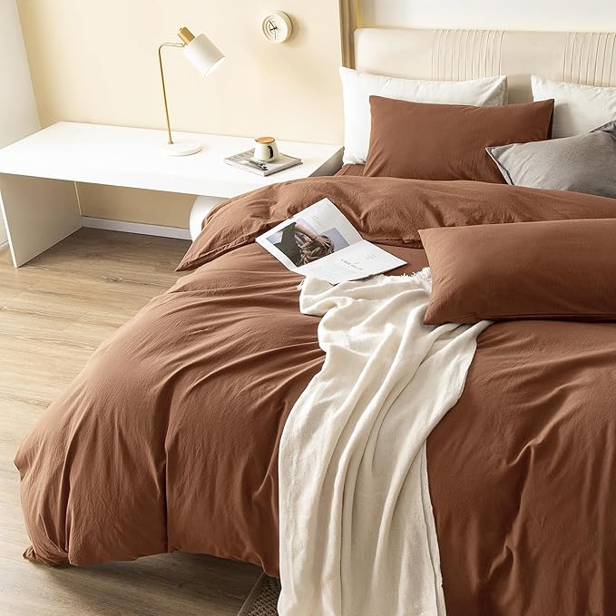 JIYUAN 100% Washed Cotton Duvet Cover Set 3 Pieces Cal King, 1 Duvet Cover 104x98 Inches(Comforter Not Included) and 2 Pillowcases,Linen Feel Bedding Set Comfy and Breathable,Burnt Orange