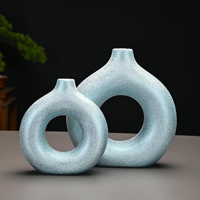 Modern Donut-Shaped Decorative Vases, Handmade Minimalist Boho ins Style, Modern Vase for Home Decor for Wedding Dinner Table Party Living Room Office Bedroom (Blue-Gold, Large + Small)