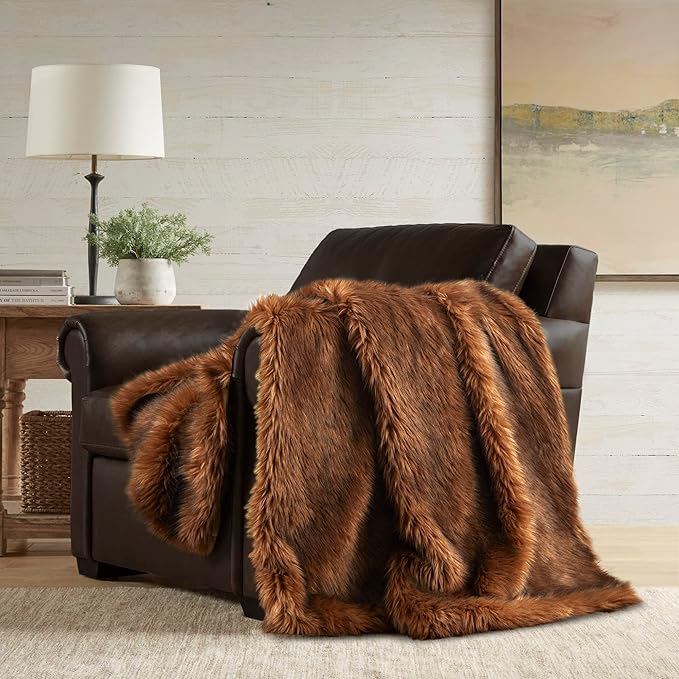 Hyde Lane Faux Fur Throw Blanket - Ultra Long Pile, Luxury Fluffy Bear Brown with Black Tipped Blankets, Fuzzy Plush Animal Coat Color Throws for Sofa Couch, Gift for Women, 50x60