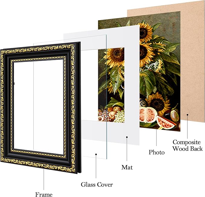 eletecpro 8x10 Picture Frames Set of 2, Vintage Photo Frames with Glass, 8 by 10 Frame Displays 5x7 Photo with Mat or 8x10 without Mat for Tabletop or Wall Decor, Black Gold