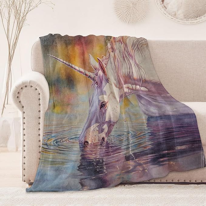 Dreamy Unicorn Blanket, Cozy Flannel Unicorns Drinking Water Throw Blanket, Soft Fuzzy Blankets for Travel Home Decor, All Season Lightweight Couch Bed Cover, Gifts for Women Adults 60"×80"
