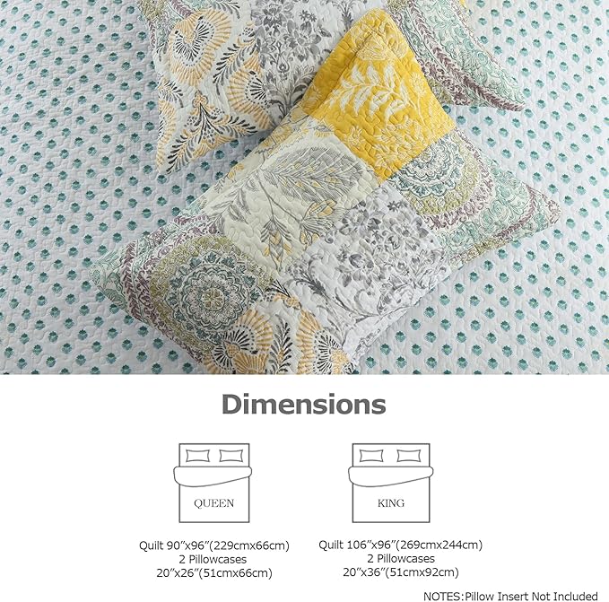 DURLENGEN Botanical Yellow 100% Cotton Queen Quilt 3Pcs,Bohemian Patchwork Leaves Pattern on White, Luxury Lightweight Coverlet Sets for All Season(Queen 90x96,Botanical Yellow)