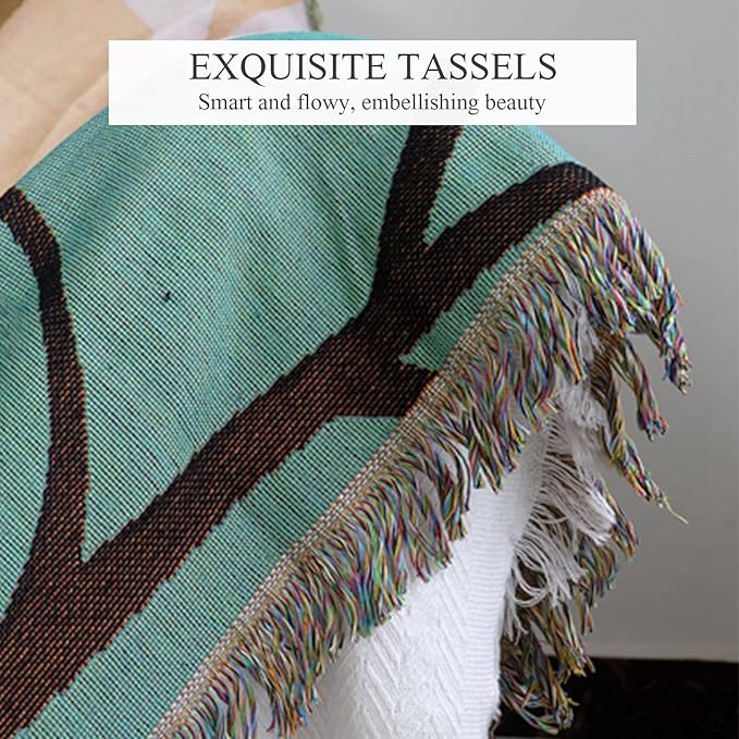 Double-Sided Cotton Woven Throw Blanket with Tassel Jungle Bohemian Style Tapestry Shawl Multi-Function Decorative Throws for Sofa Bed Armchair Camping Blanket Tablecloth Carpet 160x130cm