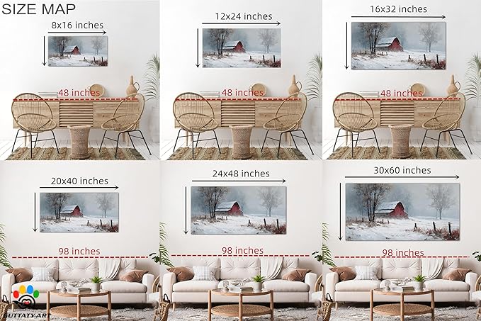 GUTTATY Christmas Winter Scene Canvas Wall Art, Red Barn Farmhouse Snowy Wall Painting, Rustic Poster Artwork, Cozy Seasonal Wall Decor Pictures for Living Room, Bedroom, Office, 60x30 Inch