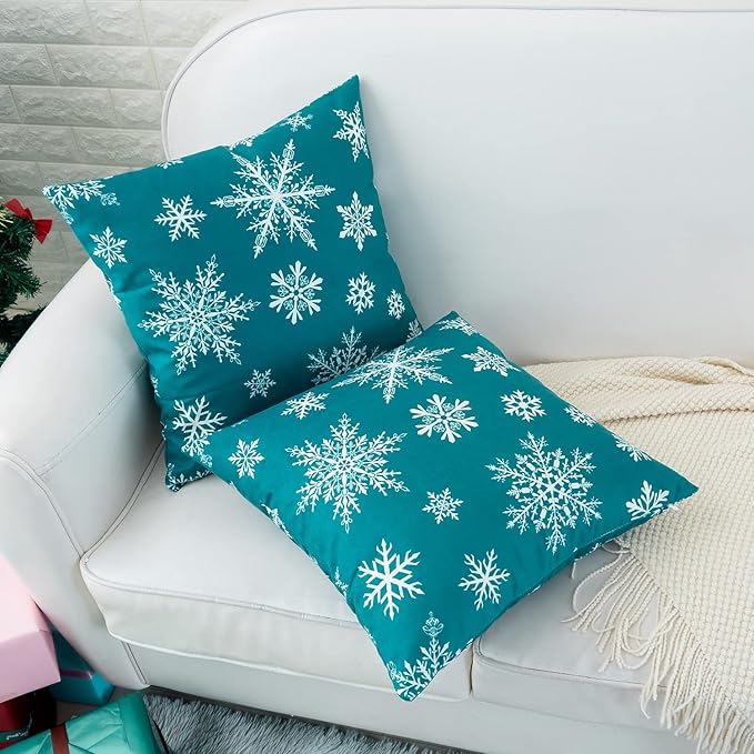 HWY 50 Teal Decorative Throw Pillow Covers 16x16 Inch for Couch Sofa Living Room Bed, Soft Christmas Big and Small Snowflakes Print Throw Pillows Cases Set Cushion Cover Pack of 2