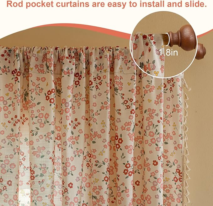 OYX Pink Boho Farmhouse Floral Curtains 84 Inch Long 2 Panels For Living Room, Flower Girl Bedroom Light Filtering Drapes, Vintage Country French Patterned Rod Pocket Aesthetic Decor Window Treatments
