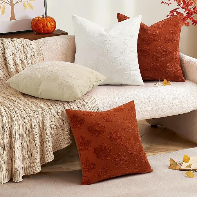 decorUhome Decorative Beige Pumpkin Thanksgiving Throw Pillow Covers 12x20 Set of 2, Soft Chenille Jacquard Farmhouse Textured Pillow Covers for Couch Bed Sofa Autumn Harvest Halloween Holiday