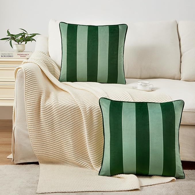 MONDAY MOOSE Decorative Throw Pillow Covers Cushion Cases, Set of 2 Soft Velvet Striped Piping Edge Designs, Pillow Inserts Not Included (Green/Light Green, 16x16 inch)