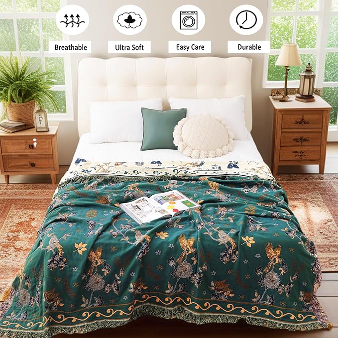 Boho 100% Organic Cotton Muslin Large Throw Blanket 60" x 80" - All Season Rustic Ultra Soft Breathable Floral Bird Blanket for Bed Sofa Couch Chair Bedspread Quilt Gift,-Teal,Beige