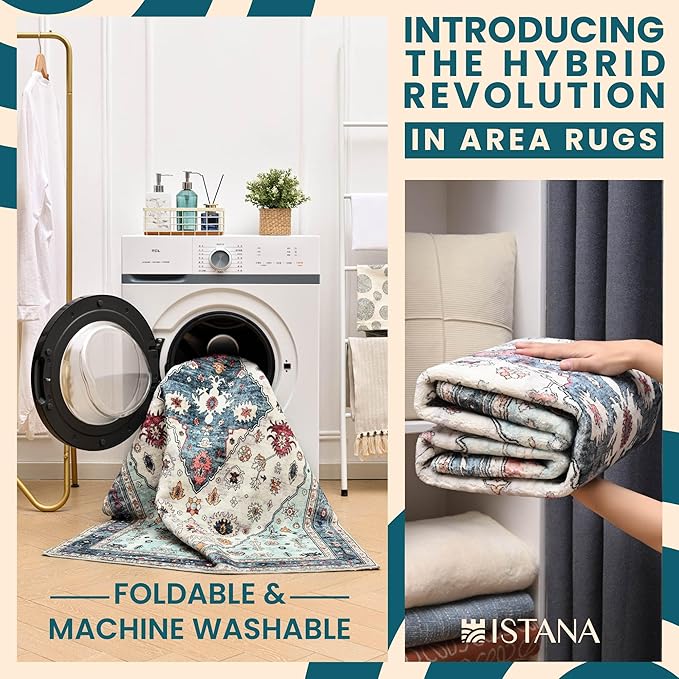 Istana 3x5 Washable Rug - White Cream/Blue Area Rug - Foldable Small Area Rugs 3x5 - Non Shedding Floor Rugs for Home - Washable Rugs - Rug Non Slip W/Soft Microfiber