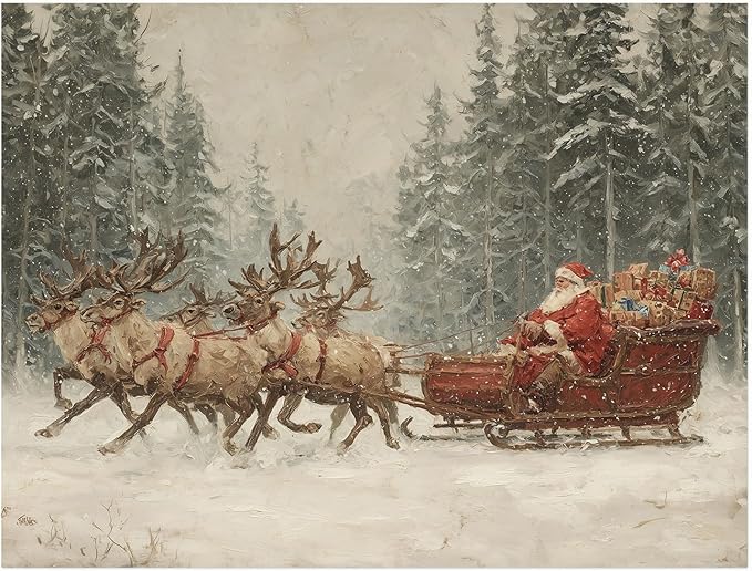 Vintage Santa Reindeer and Sleigh Wall Art Print,Christmas Prints,Rustic Holiday Reindeer Painting,Christmas Home Decor