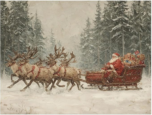 Vintage Santa Reindeer and Sleigh Wall Art Print,Christmas Prints,Rustic Holiday Reindeer Painting,Christmas Home Decor