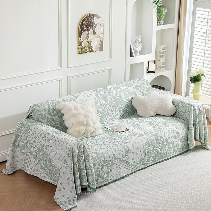 ROOMLIFE Green Sofa Cover, Vintage Boho Couch Cover for 3 Cushion Sofa, Soft Breathable Sofa Cover for Dog, Washable Furniture Sofa Protector Cover Blanket with Tassel for Living Room, 71 '' X 134''