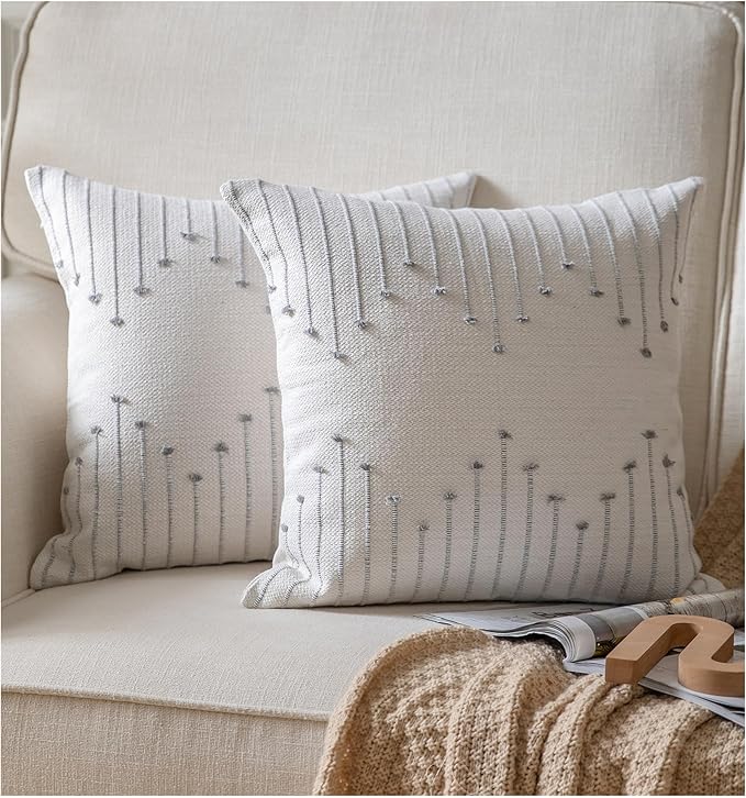 Caflife Boho Throw Pillow Covers 20x20 Set of 2 Decorative Pillows for Bed, Neutral Pillow Covers Beige with Grey Line Throw Pillows for Modern Farmhouse Couch Sofa Living Room Outdoor
