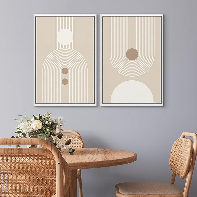 SIGNWIN Framed Canvas Print Wall Art Set Retro Nordic Geometric Pattern Abstract Shapes Cozy Neutral Modern Art Decorative Nordic Multicolor for Living Room, Bedroom, Office - 24"x36"x2 White