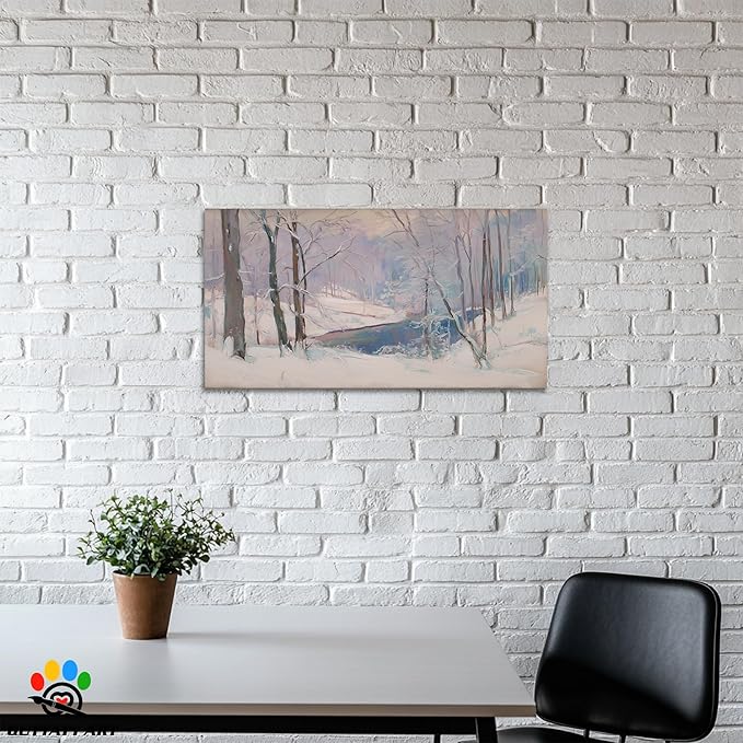 GUTTATY Christmas Winter Scene Canvas Wall Art, Soft Pastel Snowy Forest Landscape Canvas Prints, Tranquil Blue and Lavender Wall Decor for Living Room, Holiday Pictures Poster, 48x24 Inch
