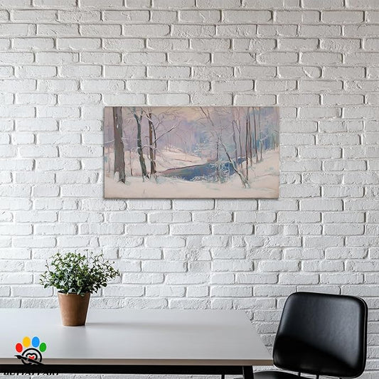 GUTTATY Christmas Winter Scene Canvas Wall Art, Soft Pastel Snowy Forest Landscape Canvas Prints, Tranquil Blue and Lavender Wall Decor for Living Room, Holiday Pictures Poster, 48x24 Inch