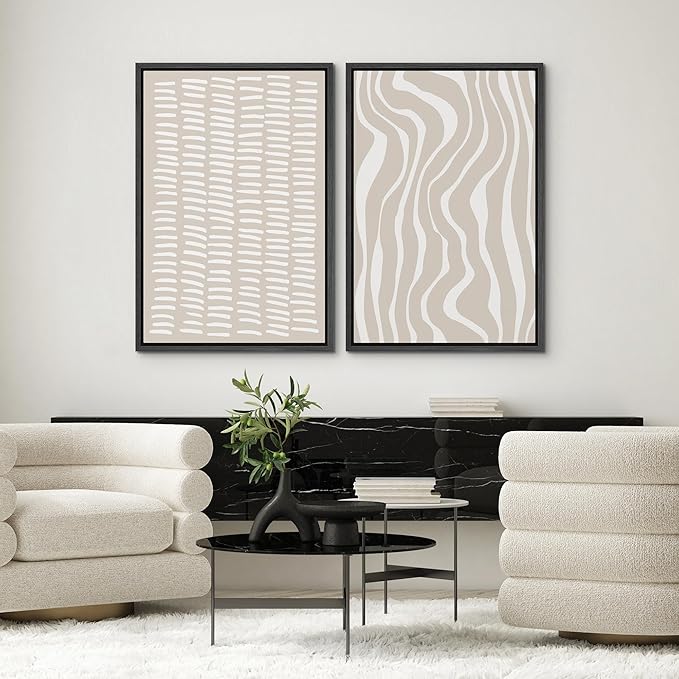 SIGNWIN Framed Canvas Print Wall Art Set Tan White Geometric Stripe Collage Abstract Shapes Cozy Neutral Modern Art Minimal Boho Relax/Calm for Living Room, Bedroom, Office - 24"x36"x2 Black