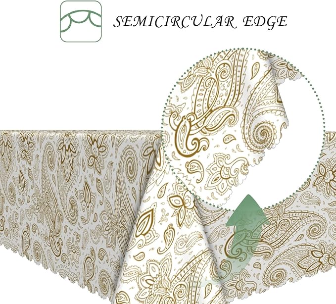 60x84 Inch Vintage Paisley Rectangular Tablecloth White Golden Boho Art Table Cloth Bohemian Washable Durable Table Cover for Dining Banquet Garden Patio Decor