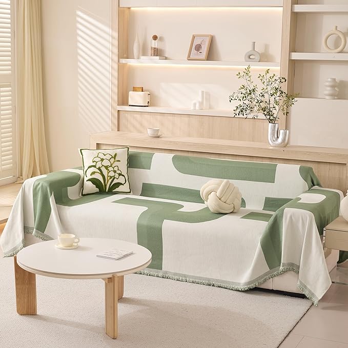 MEETSKY Green Couch Cover for Dogs Sofa Covers for Cushion Couch Sofa Chenille Sofa Slipcover Couch Covers for Sectional l Shaped Couch Pets Protector Furniture Covers, 91" x 134", Sage Geometry