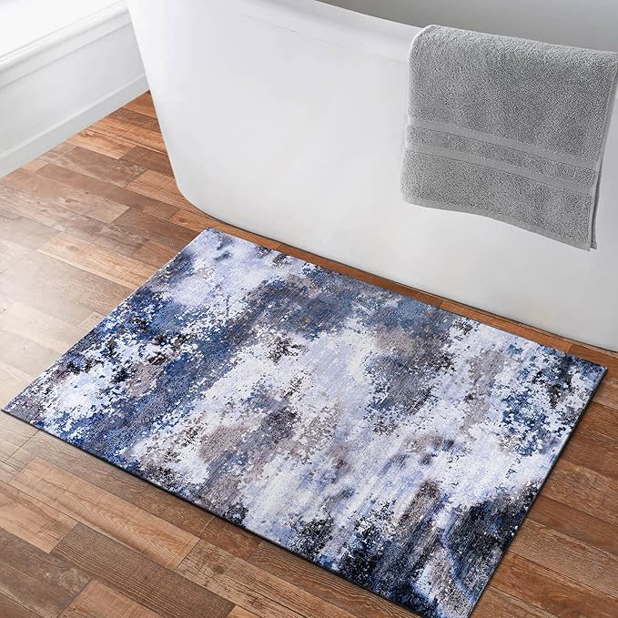 Non Slip Rugs 2x3 Modern Abstract Easy Silk Rubber Backing Soft Entryway Area Rug for Door Mat Easy to Clean Non Shedding Kitchen for Bedroom Indoor Carpet (Navy - Blue, 2x3)