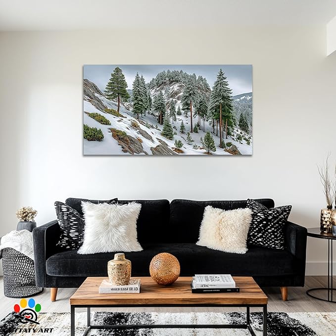 GUTTATY Christmas Winter Scene Canvas Wall Art, Snowy Forest Canvas Prints, Pine Tree Wall Painting, Serene Nature Poster Picture, Tranquil Landscape Wall Decor for Living Room, Bedroom, 32x16 Inch