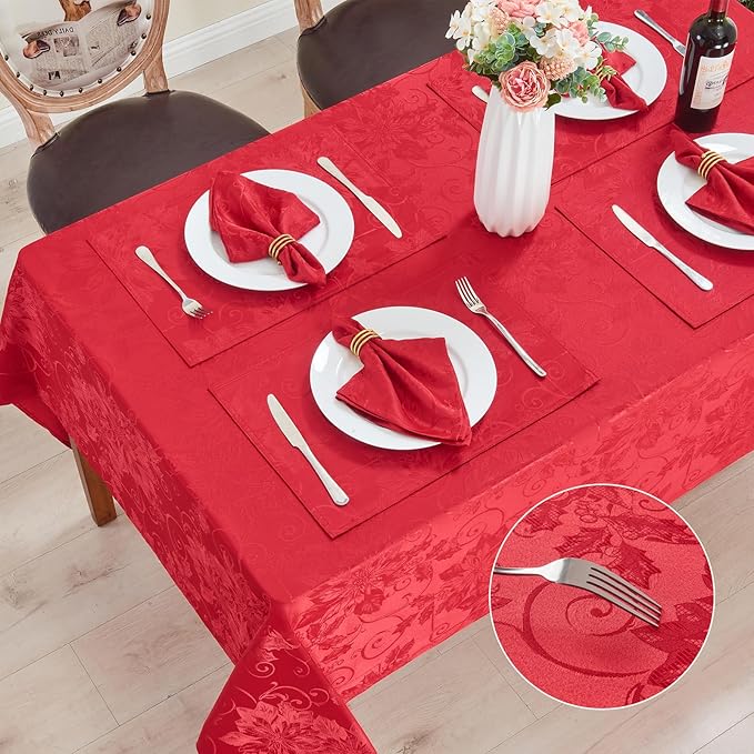 Rectangle Christmas Jacquard Table Cloth Waterproof Elegant Damask Floral Pattern Heavy Weight Wipeable Wrinkle Free Fabric Table Covers for Dinner or Daily Uses(Dark Red/60x120 Inch)