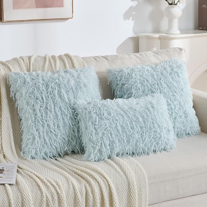 FUTEI Light Blue Decorative Throw Pillow Covers 18x18 Inch Set of 2,Soft Fluffy Faux Feather Texture Cushion Cases,Modern Home Luxury Decor for Couch Bed Living Room