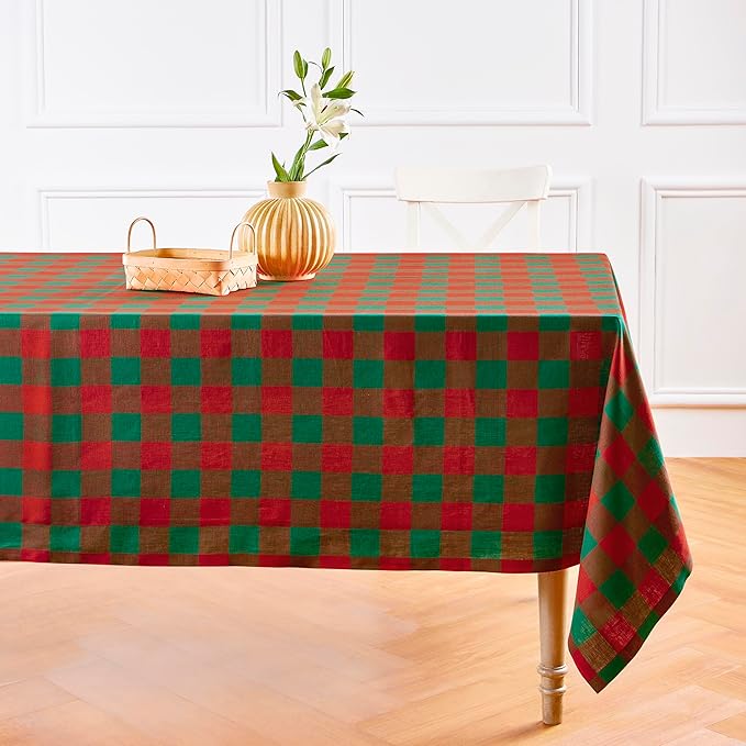 Solino Home Linen Checkered Tablecloth 60 x 108 Inch - 100% Pure Linen Red and Green Buffalo Plaid Table Cloth for Rectangle Tables - Machine Washable Tablecloth for Christmas, Holiday, Winter