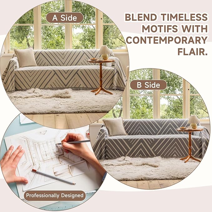 VClife Boho Farmhouse Couch Cover 71''x150'', 1 pc Washable Sofa Covers for 3 Cushion Couch Sofa Kids Soft Chenille Beige Gray Herringbone Home Decor Couch Covers for Bed Sofa Living Room Slipcover