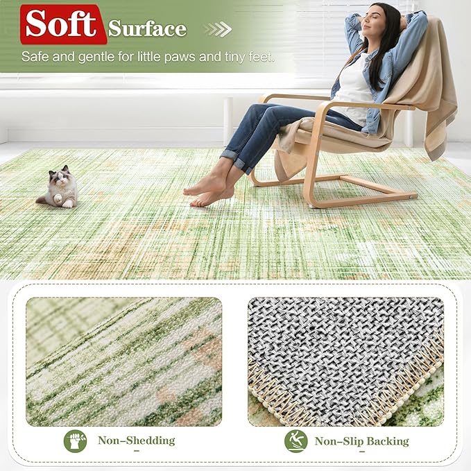 9x12 Area Rugs for Living Room: Washable Modern Abstract Rug Large Soft Non Slip Living Room Rug Indoor Low Pile Carpet for Bedroom Dining Room Home - Multi Green