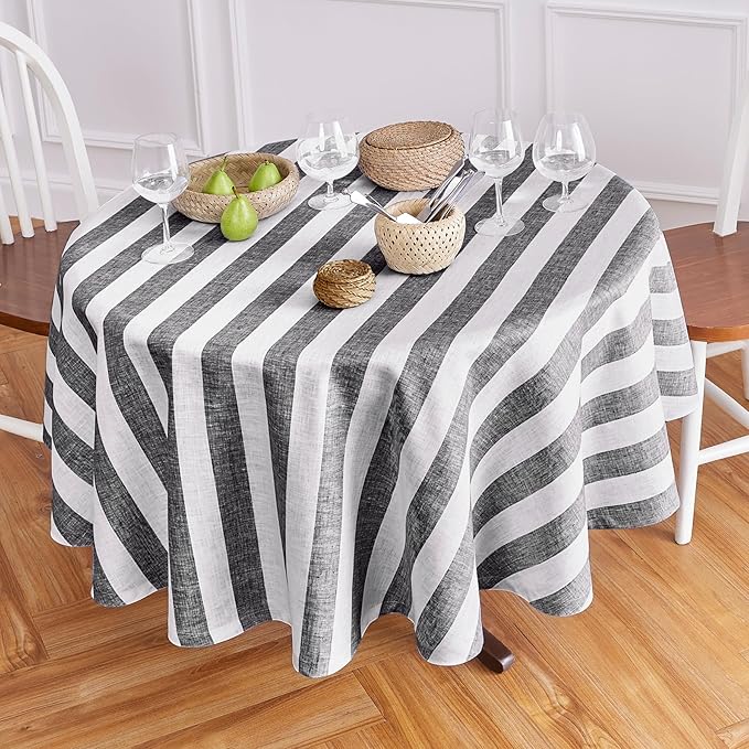 Solino Home Linen Round Tablecloth 70 Inch - Cabana Stripe, 100% Pure Linen Black and White Round Tablecloth - Machine Washable Table Cloth for Fall, Autumn, Thanksgiving