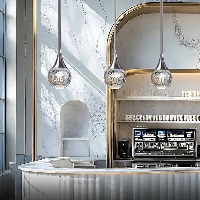 1-Pendant Lights Kitchen Island, Chrome Silver Crystal Globe Ceiling Hanging Light Fxitures, LED Lamp Metal Rod Ceiling Jellyfish Pendant Lighting for Kitchen Dining Room Bar
