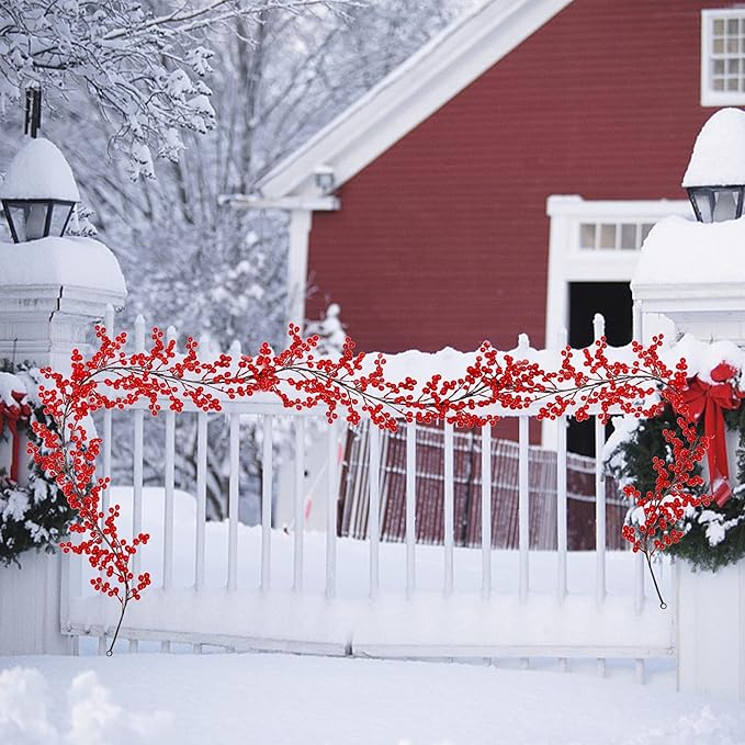 Lulu Home 2 Packs Red Berry Garland, 8.9FT Flexible Artificial Christmas Holly Berry Vine, Winter Berry Garland for Mantle Xmas Tree Window Door Hanging Indoor Outdoor Holiday Decoration