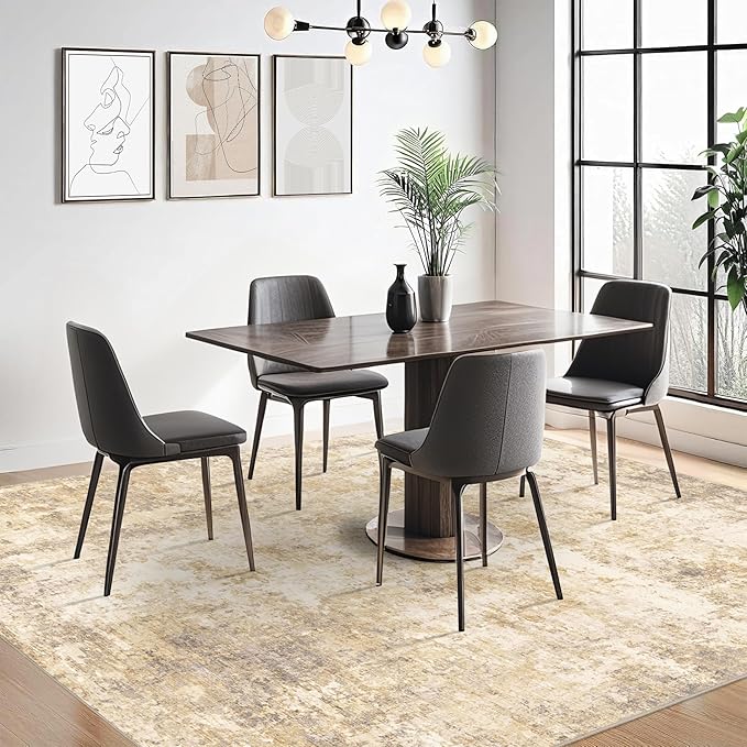 6x9 Modern Abstract Rug Washable Area Rugs for Living Room Bedroom Dining Room Non-Slip Low Pile Neutral Large Rug Soft Indoor Floor Carpet, Gold