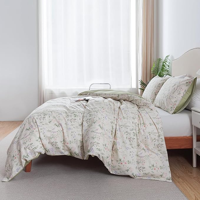 HoneiLife Floral Duvet Cover Queen - 100% Cotton Comforter Cover, Botanical Bedlinen Set for Queen Beds, 3-Piece Wildflower Comforter Cover Sets