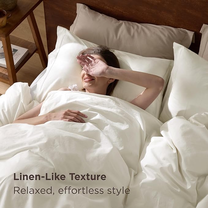 Bedsure 100% Washed Cotton Duvet Cover King Size - Ivory Minimalist Cotton Duvet Cover Linen Like for All Seasons - GentleSoft™ Plain Simple Bedding, 3 Pieces (Ivory, King, 104"x90")