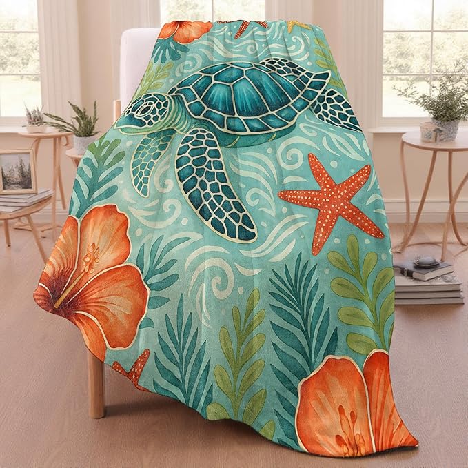 Sea Turtle Throw Blanket for Adutls Kids, 60x80 in, Cozy Soft Warm Fleece Blankets Gifts for Couch, Camping, Hiking Decor