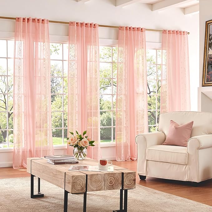 jinchan Winslow Sheer Curtains 63 Inch Length for Dorm Bedroom Bordered Floral Pattern Decorations Short Curtains Light Filtering Window Treatments, 50W x 63L, Beige on Pink, 2 Panels