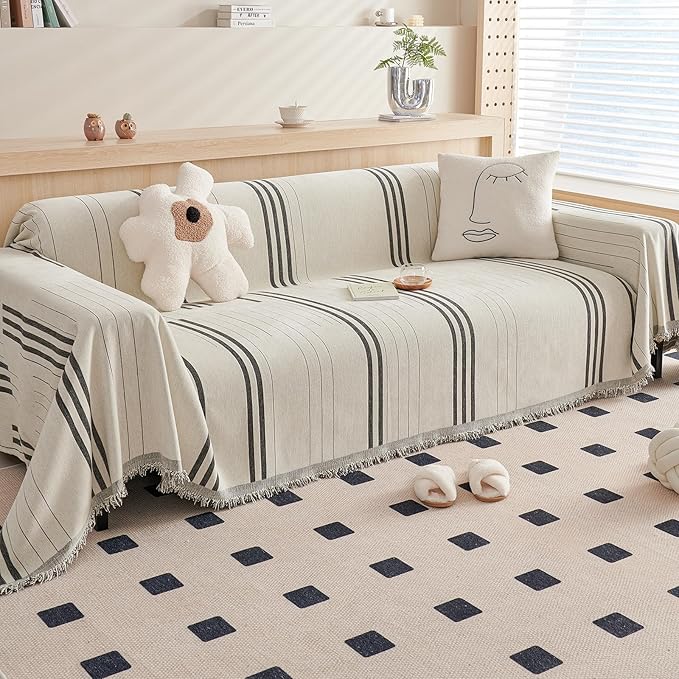 DREAMINGO Couch Cover Reversible Chenille Furniture Protector Sofa Covers for Dogs Pets Dark Grey Couch Cover for 3 Cushion Couch Sofa Vertical Stripe Jacquard Sofa Slipcover Sectional, 71"x150"