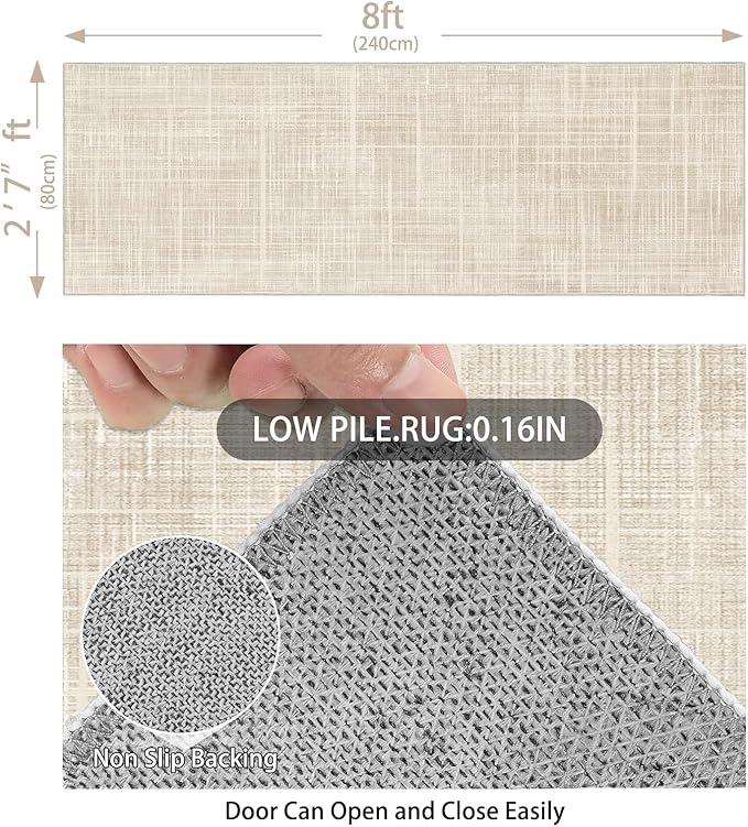 Enkor Runner Rugs for Hallway, 2'7"x8 Washable Soft Non Slip Abstract Rugs for Kitchen, Modern Mat for Entryway Living Room Bedroom Beige Grid