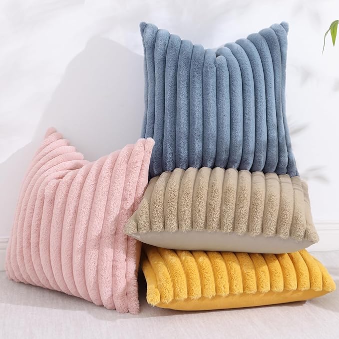 decorUhome Faux Fur Christmas Throw Pillow Covers 24x24 Set of 2, Decorative Soft Plush Striped Neutral Couch Euro Pillow Covers with Velvet Back for Sofa, Bed, Living Room Home Decor, Grey Blue